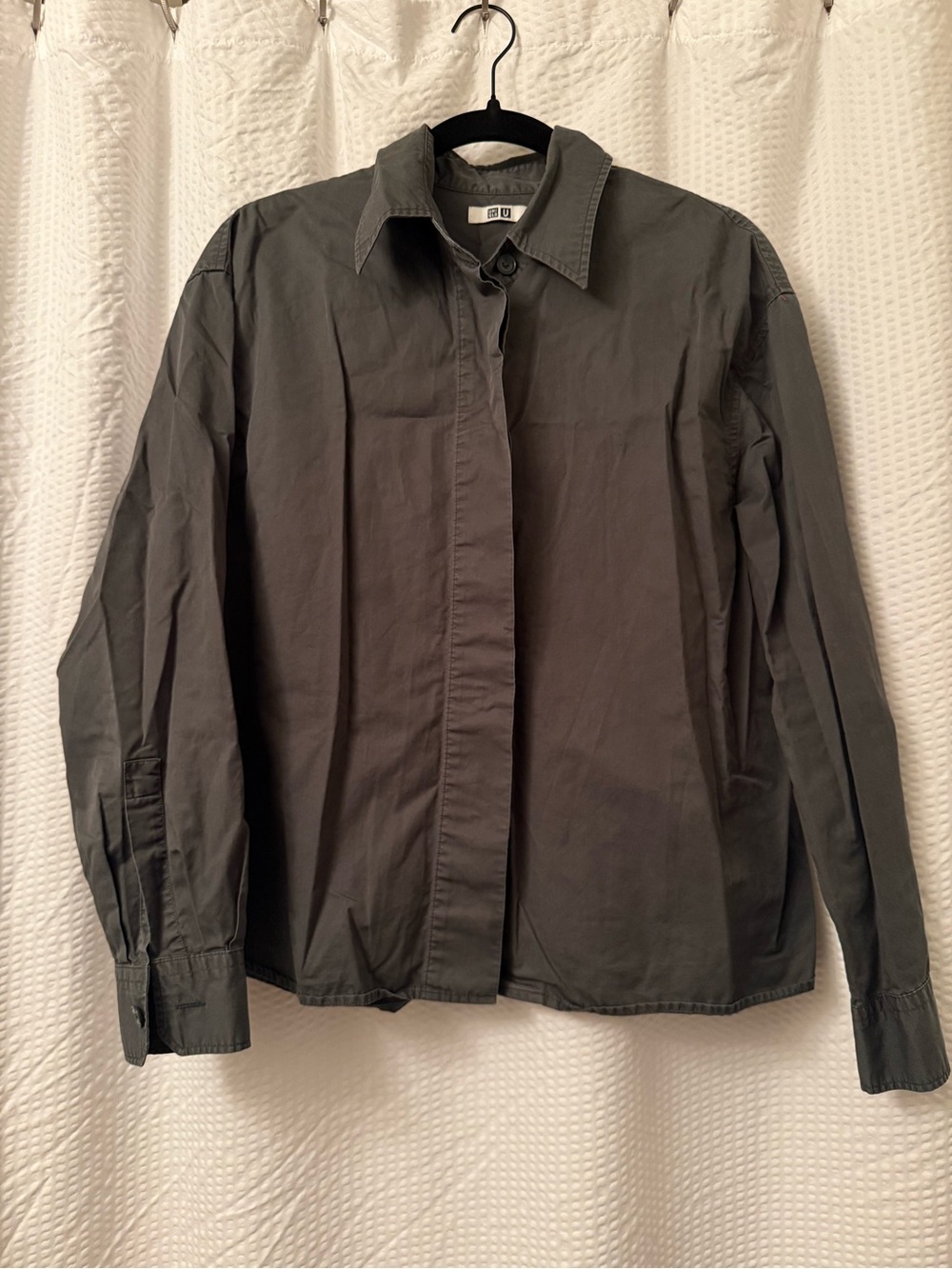 Uniqlo U Cotton Boxy Botton Shirt Sz M Green Long Sleeve Unisex Short